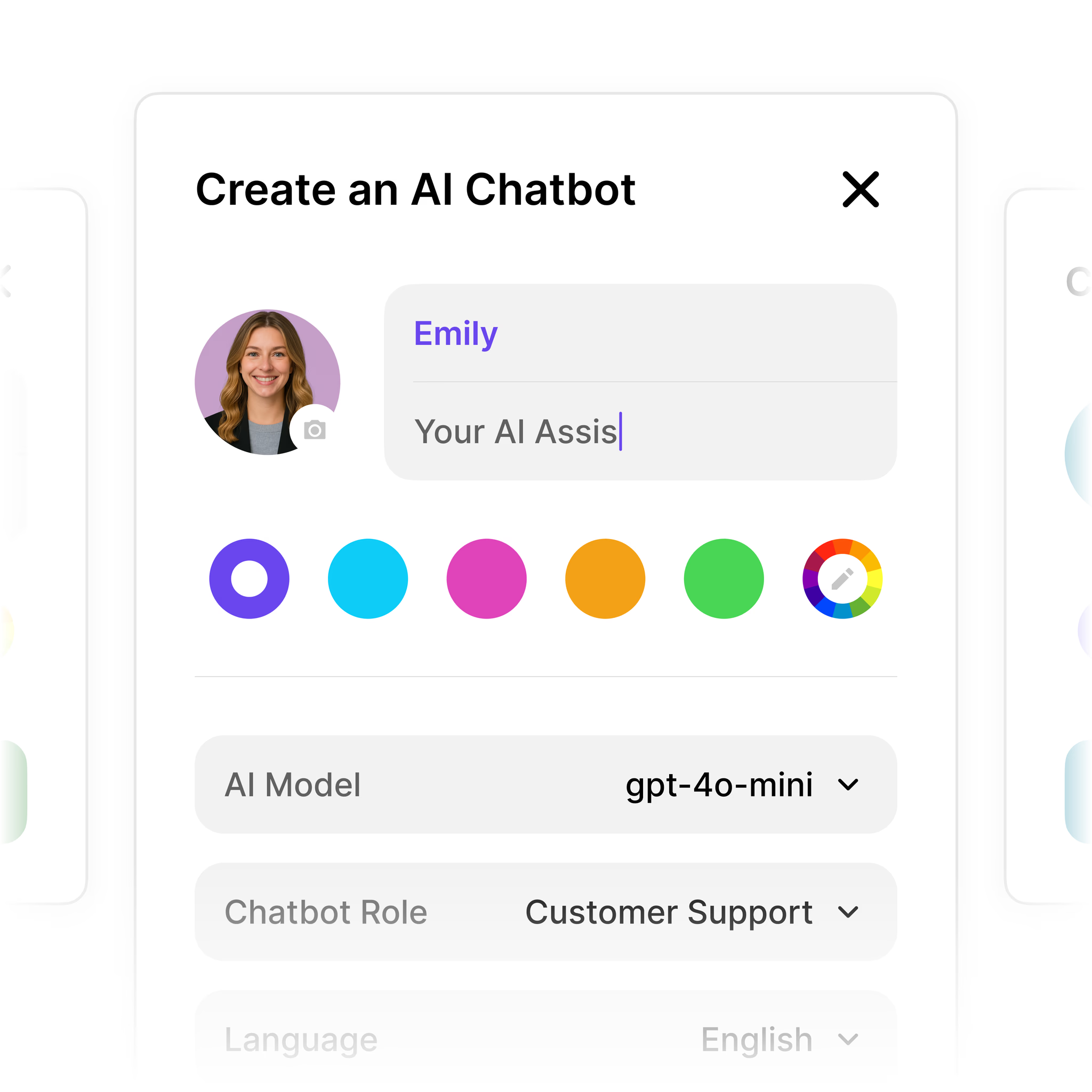 Create an AI Chatbot interface showing avatar, name, color picker, and model selection